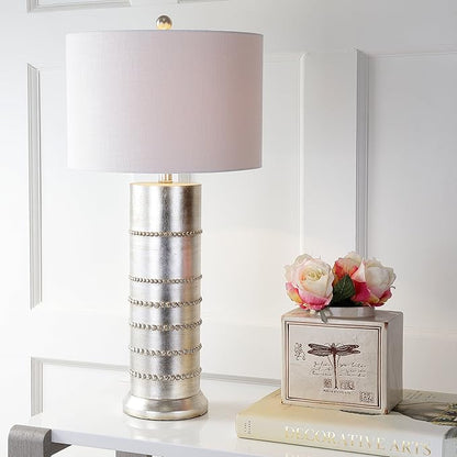 JONATHAN Y 30.75" Silver Leaf Resin Table Lamp, Modern Farmhouse Wrapped Rope Bedside Lamp for Living Room Bedroom, White Linen Drum Shade, UL Listed, LED Bulb Included JYL1012A