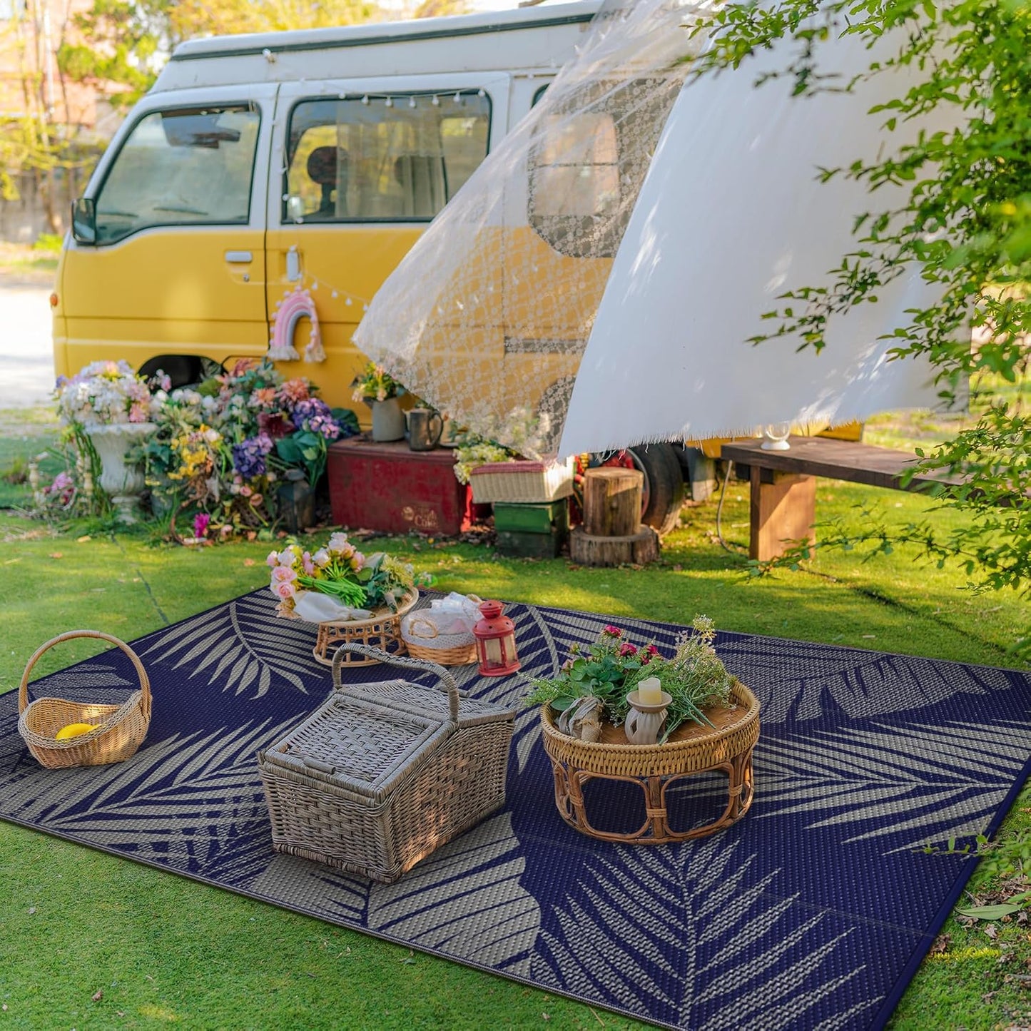GENIMO Outdoor Rug 8' x 10' Waterproof for Patios Clearance, Reversible Outdoor Plastic Straw Camping Rug Carpet, Large Area Rugs Mats for RV, Camper, Deck, Balcony, Porch, Beach, Navy Blue&Grey