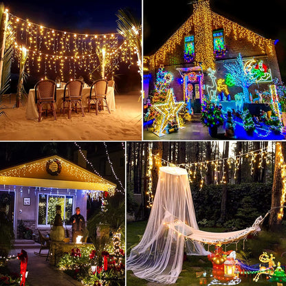 Warm White Christmas Lights Outdoor - 99ft 1216 LED 8 Modes Hanging Dripping Icicle String Lights with 228 Drops, Plug in Waterproof Timer Memory for House Home Holiday Yard Wedding Party Indoor