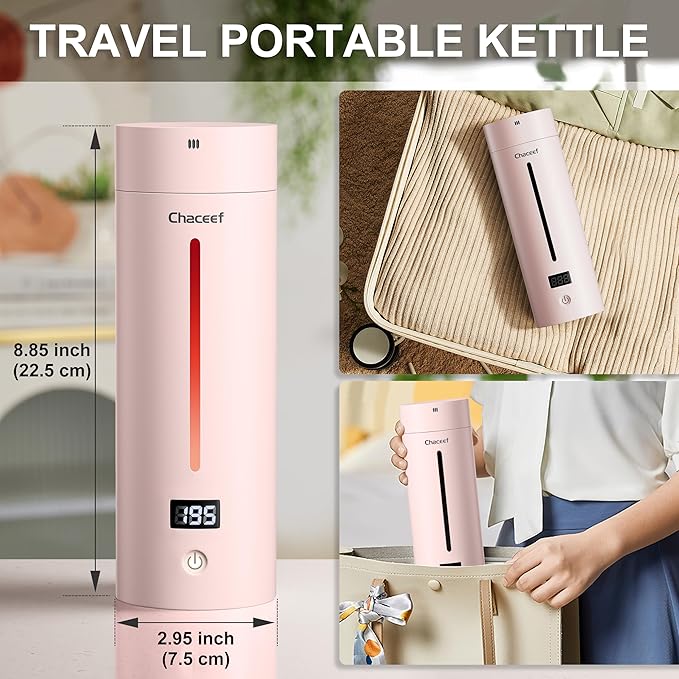 CHACEEF Travel Kettle 𝐔𝐩𝐠𝐫𝐚𝐝𝐞𝐝, Portable Electric Kettle, 350ml Small Electric Kettle with 5 Variable Presets, 304 Stainless Steel Hot Water Boiler with Auto Shut-Off & Boil Dry Protect, Pink