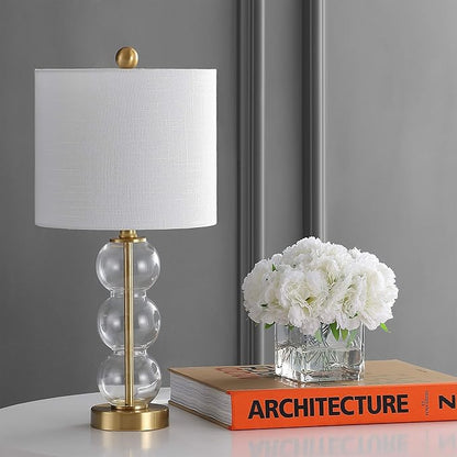 JONATHAN Y 21" Clear/Brass Gold Glass Table Lamp for Bedroom and Living Room, White Linen Shade, Modern Stacked Sphere Bedside Lamp, LED Bulb Included (JYL1021B)