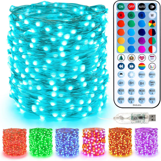 BrizLabs Christmas Fairy String Lights, 33ft 100 LED Color Changing Christmas Fairy Lights with Remote Timer, USB Purple Orange Halloween Light RGB Twinkle Light for Xmas Halloween Home Party Wedding