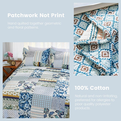 Secgo Queen Comforter Set for Bed - 100% Cotton Quilts Queen Size, Green, Sage Bedspreads (90 * 98 Inch) with 2 Pillow Shams, Patchwork Reversible Lightweight Bedding