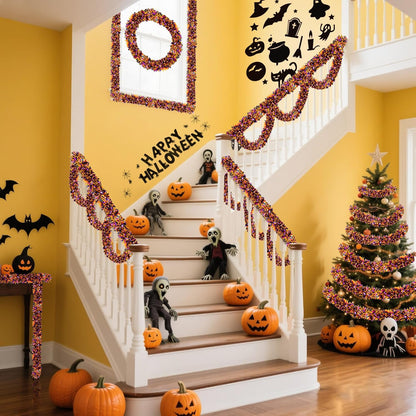 50FT Halloween Decorations Tinsel Garland, Orange Purple Black Shiny Metallic Tinsel Twist Hanging Streamers Garland for Halloween Birthday Home Tree Banister Indoor Outdoor Party Decor Supplies
