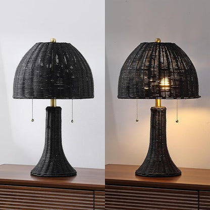 JONATHAN Y 22" Black/Brass Gold Bohemian Rustic LED Table Lamp for Bedroom, Natural Rattan Shade, Farmhouse Coastal Nightstand Lamp for Living Room, LED Bulbs Included (JYL4040D)