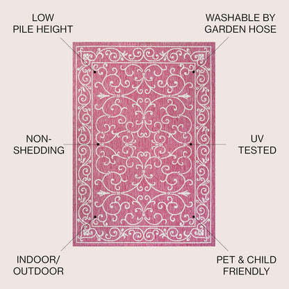 JONATHAN Y Vintage Filigree Indoor Outdoor Round Area Rug 5 Ft Fuchsia/Light Gray, Charleston Textured Weave for Backyard, Patio, Porch, Easy-Cleaning, Pet-Friendly, Non-Shedding (SMB106J-5R)