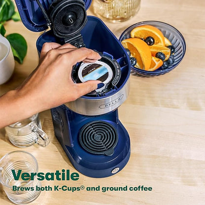 BELLA Dual Brew Single Serve Coffee Maker, Brews both Kcup and Ground Coffee, Large 14oz Capacity, Easy One Touch, Auto Shutoff, Navy