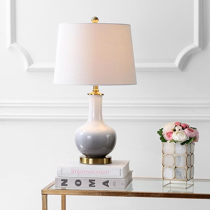 JONATHAN Y 25" White/Gray Gradient Ceramic Table Lamp, Brass Base LED Lamp for Bedside Nightstand Living Room, White Linen Drum Shade, Midcentury Decor (JYL3019B)