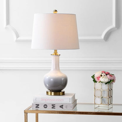 JONATHAN Y 25" White/Gray Gradient Ceramic Table Lamp, Brass Base LED Lamp for Bedside Nightstand Living Room, White Linen Drum Shade, Midcentury Decor (JYL3019B)