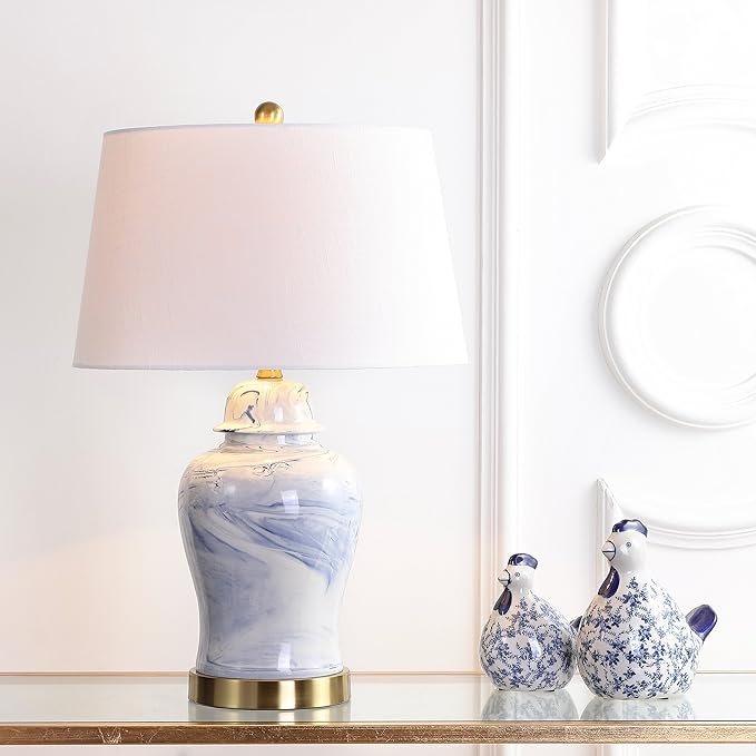 JONATHAN Y 26" Blue and White Marble Ceramic Table Lamp, Traditional Ginger Jar Style with Brass Gold Base, White Linen Drum Shade, LED Bulb Included JYL3010A