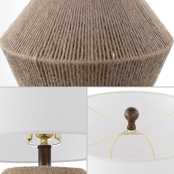 JONATHAN Y 21.75" Brown Rope Coastal Rustic Table Lamp, Farmhouse Iron Lamp with White Linen Drum Shade for Living Room Bedroom Nightstand, LED Bulb Included JYL4049A