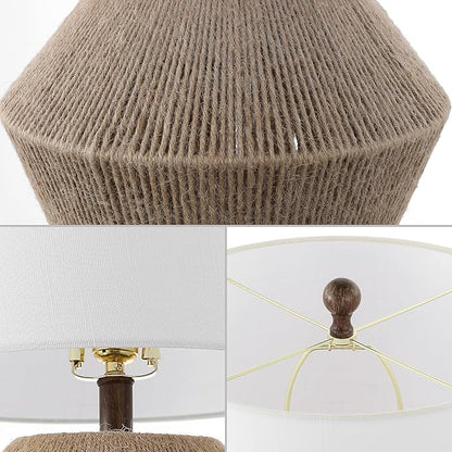 JONATHAN Y 21.75" Brown Rope Coastal Rustic Table Lamp, Farmhouse Iron Lamp with White Linen Drum Shade for Living Room Bedroom Nightstand, LED Bulb Included JYL4049A
