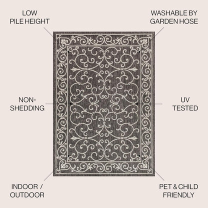 JONATHAN Y Vintage Filigree Indoor Outdoor Area Rug 9X12 Black/Gray, Charleston Textured Weave for Backyard, Patio, Porch, Easy-Cleaning, High Traffic, Pet-Friendly, Non-Shedding (SMB106G-9)