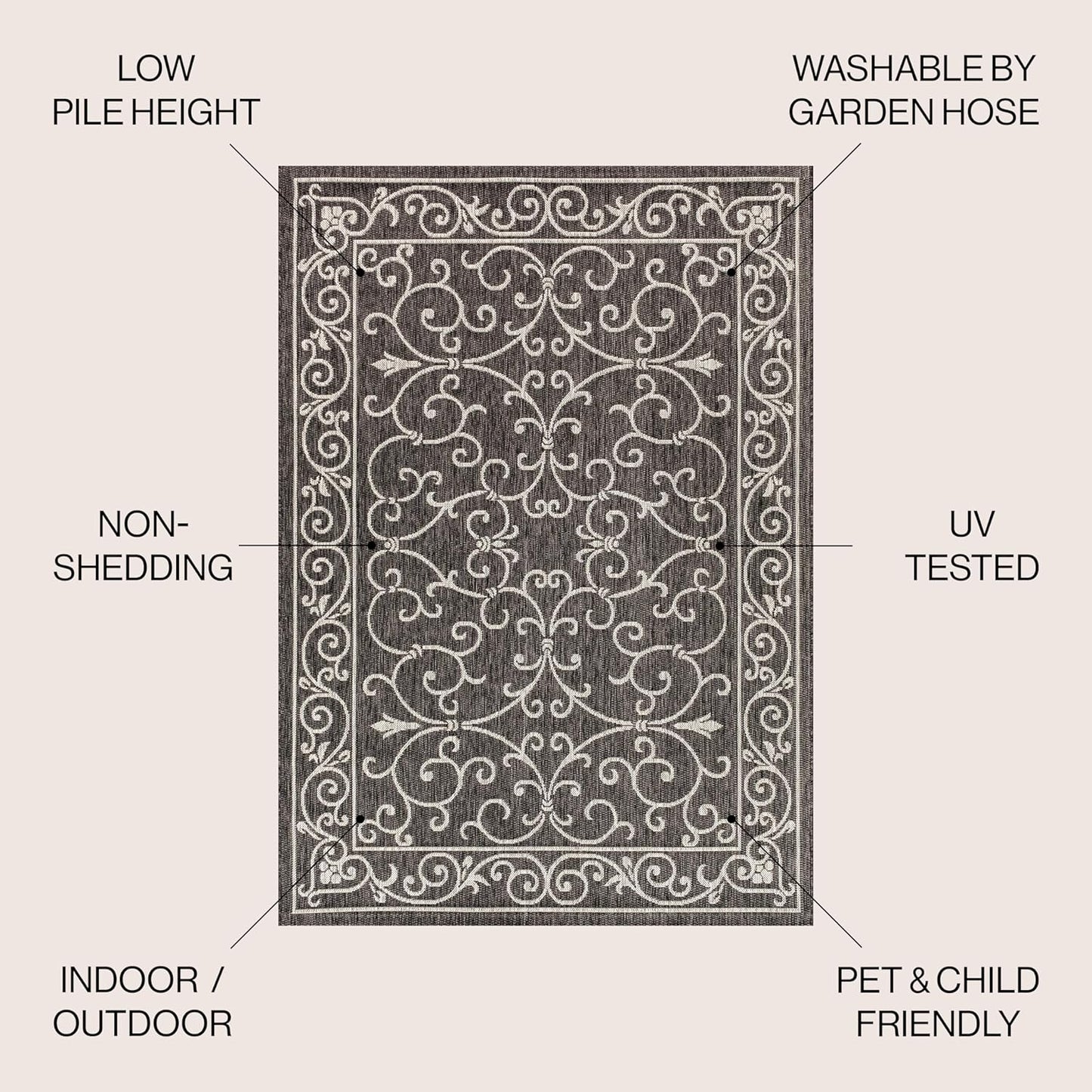 JONATHAN Y Vintage Filigree Indoor Outdoor Square Area Rug 5X5 Black/Gray, Charleston Textured Weave for Backyard, Patio, Porch, Easy-Cleaning, High Traffic, Pet-Friendly, Non-Shedding (SMB106G-5SQ)