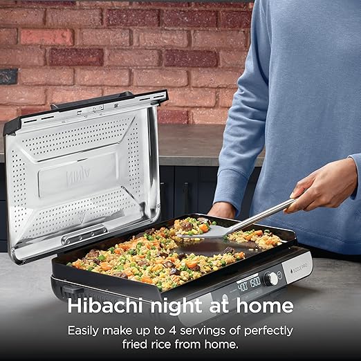 Ninja Sizzle Pro XL 20-Inch Indoor Griddle + Grill, Detachable Ventilated Lid, Grease Control, Ceramic Nonstick Plates, Even Edge Cooking, Extra Large Capacity, Versatile, Silver, GX101
