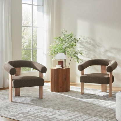 VKNOW Accent Chair Living Room Chair Set of 2, Modern Upholstered Armchair with Solid Wood Legs, Comfy Barrel Arm Chairs for Living Room Bedroom, Brown