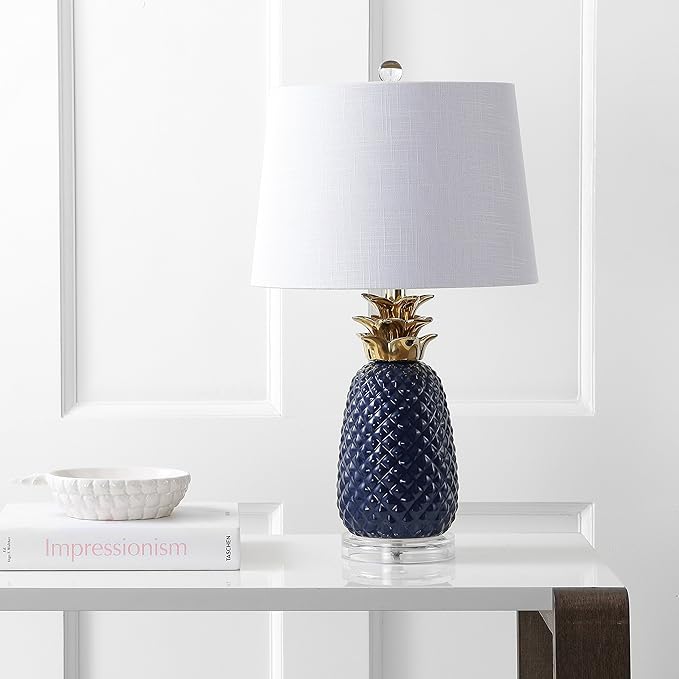 JONATHAN Y 23" Navy Blue/Gold Pineapple Ceramic Table Lamp for Bedroom Decor, Modern Whimsical Bedside Nightstand Lamp with White Linen Drum Shade and LED Bulb JYL4019A