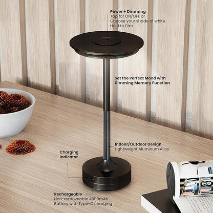 Feit Electric Rechargeable Table Lamp Touch Activated, 3 Color Temperatures, Dimmable, 100 Lumens, 3 Watts, USB Type-C Charging, Potable & IP44 Rated for Indoor/Outdoor Use, TABLE/3CCT/BK/BAT