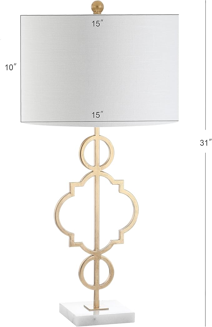JONATHAN Y 31" Gold Modern Quatrefoil LED Table Lamp, Contemporary Metal Iron Lamp with White Marble Base and Linen Drum Shade for Living Room Bedroom, LED Bulb Included JYL3026A