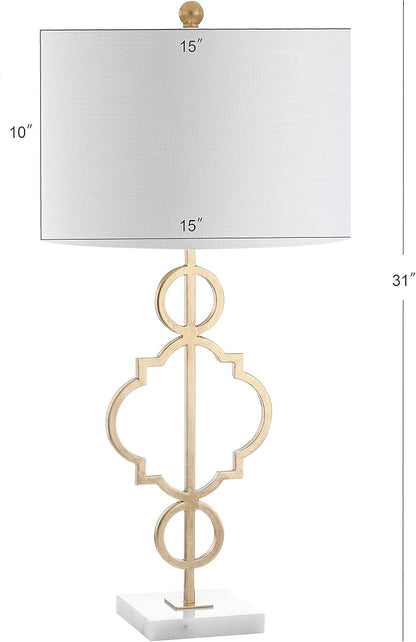 JONATHAN Y 31" Gold Modern Quatrefoil LED Table Lamp, Contemporary Metal Iron Lamp with White Marble Base and Linen Drum Shade for Living Room Bedroom, LED Bulb Included JYL3026A