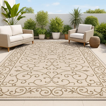JONATHAN Y Vintage Filigree Indoor Outdoor Area Rug 5X8 Beige/Brown, Charleston Textured Weave for Backyard, Patio, Porch, Easy-Cleaning, High Traffic, Pet-Friendly, Non-Shedding (SMB106A-5)