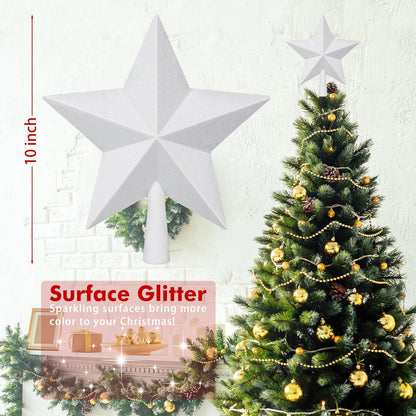 Christmas Tree Topper Star, 10 in White Christmas Tree Decorations, Hard Star Tree Topper Xmas Decorations Glitter Christmas Ornament for Holiday Home Xmas Party Decor Festival Gathering Ornament