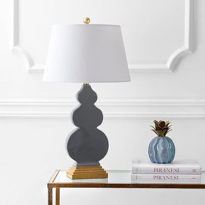 JONATHAN Y 29" Gray/Gold Ceramic Table Lamp for Bedroom Modern Bedside Lamp, White Linen Shade, Mid-Century Triple Gourd Desk Lamp for Office, LED Bulb Included (JYL3018B)