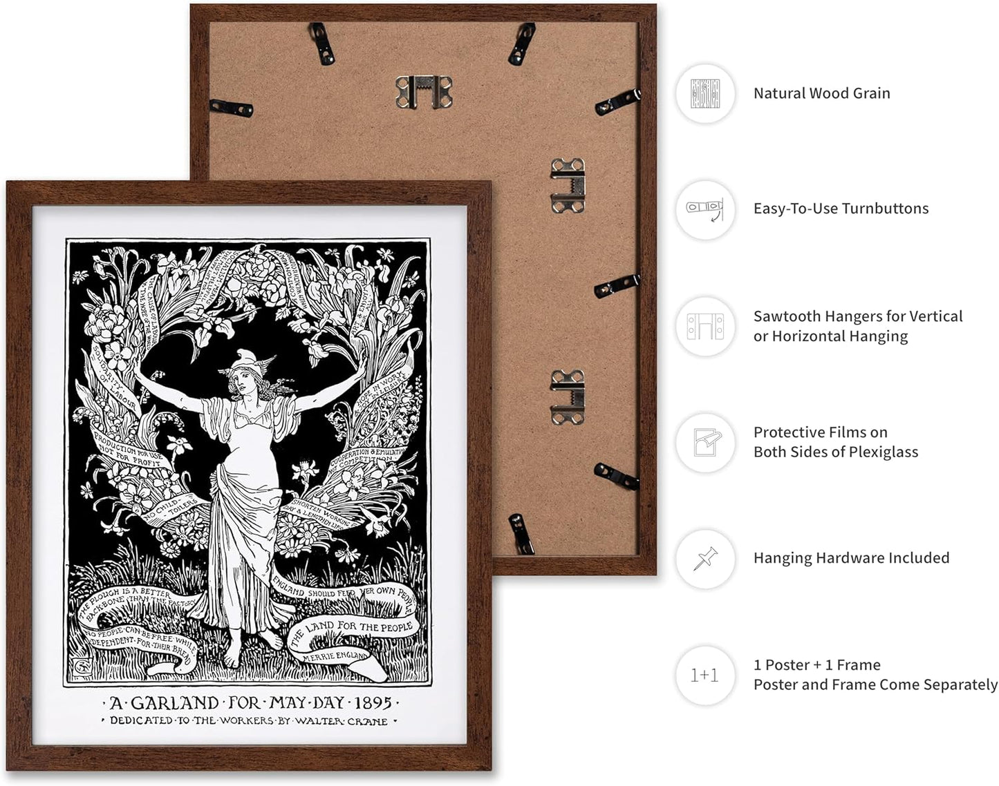 Poster Master Vintage Walter Crane Poster - Retro A Garland for May Day Print - Socialist Art - Gift for Him, Her, Men, Women - Wall Decor for Home, Office, Living Room, 16x20 Brown Framed