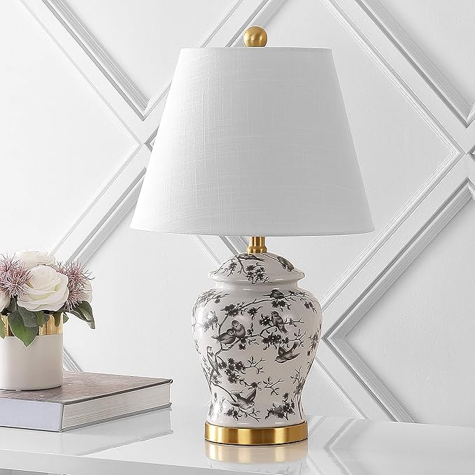 JONATHAN Y 22" Gray/White Ceramic Table Lamp, French Country Chinoiserie Ginger Jar LED Bedside Lamp for Living Room Bedroom, White Linen Shade (JYL3005C)