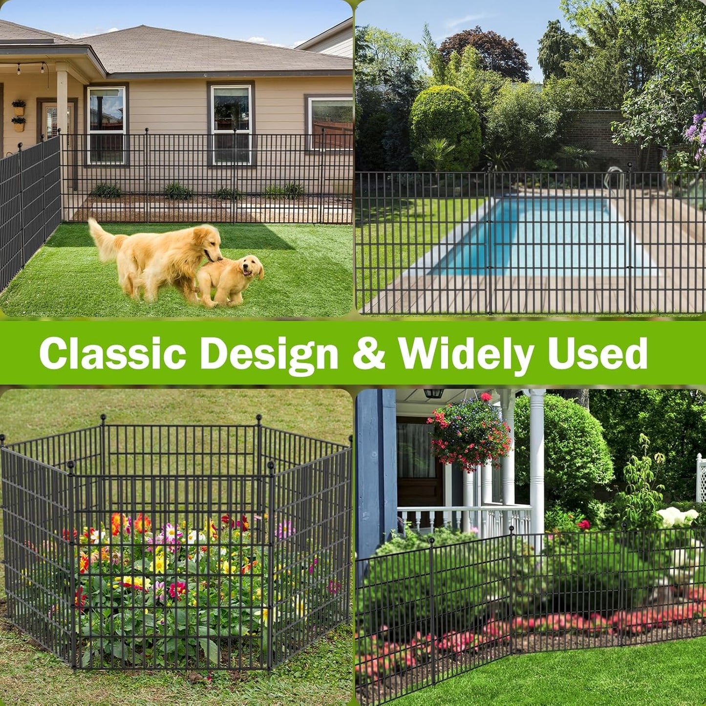 4 Panels No Dig Decorative Outdoor Garden Fence with Gate for Yard, 48 in(H) X 10.5 ft(L) Animal Barrier Fencing Rustproof Metal Wire Panel Border for Dog, Rabbits, and Patio Temporary Ground Stakes
