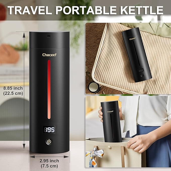 CHACEEF Travel Kettle 𝐔𝐩𝐠𝐫𝐚𝐝𝐞𝐝, Portable Electric Kettle, 350ml Small Electric Kettle with 5 Variable Presets, 304 Stainless Steel Hot Water Boiler with Auto Shut-Off & Boil Dry Protect, Black