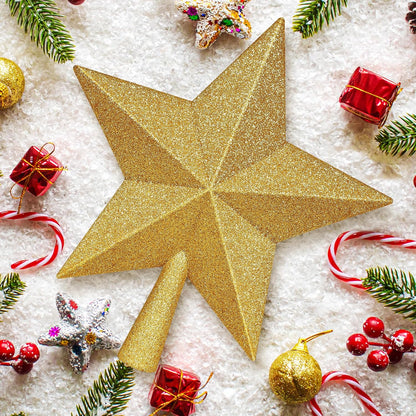 Christmas Tree Topper, 1PCS 10" Gold Glitter Star Tree Topper, Large Xmas Shatterproof Mini Bethlehem Star Tree Topper Decorations, Waterproof Christmas Decor for Holiday Home Outdoor Ornament