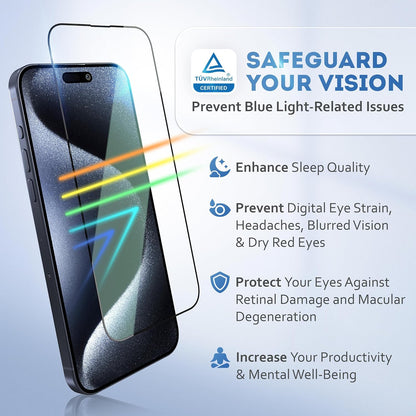 Deppa |2 Pack| Anti-Blue Light Screen Protector for iPhone 15 Pro Max (6.7') | Scratch Resistant Tempered Glass | 3D Edge to Edge Coverage | Easy Installation Kit | Eye Safeguard TÜV Certified