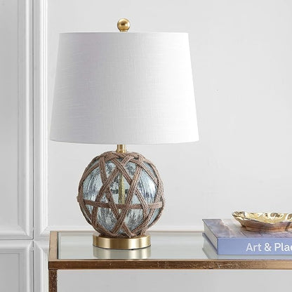 JONATHAN Y 21.5" Aqua Glass and Brown Rope Nautical Table Lamp, Coastal Transitional Bedside Lamp with White Linen Drum Shade for Living Room, LED Bulb Included JYL1085A