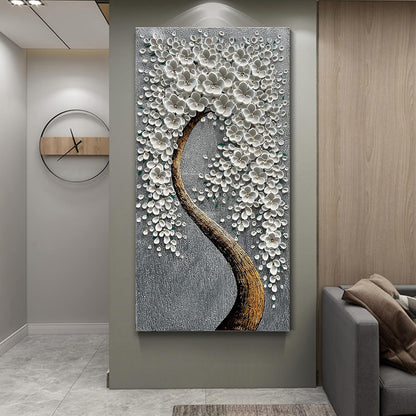 100% Hand-Painted 3D White Vertical Abstract Flower Tree Painting, Canvas Texture Mural, Living Room, Bedroom, Dining Room Mural 24x48 inchs