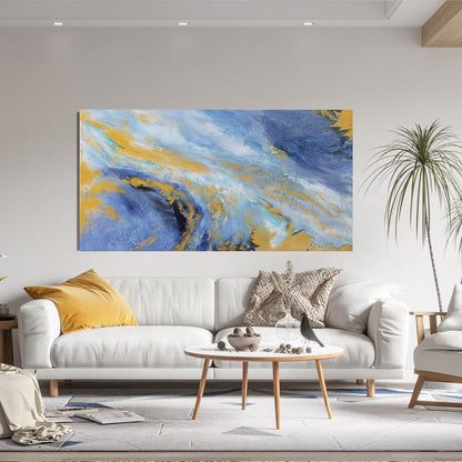 Canvas Wall Art Decor Large Blue Gold Wall Art Prints Modern Abstract Wall Art for Living Room Art Work for Wall Decor Azure - Gold Fluid Symphony Artwork for Walls Home Office Decor 24" X 48"