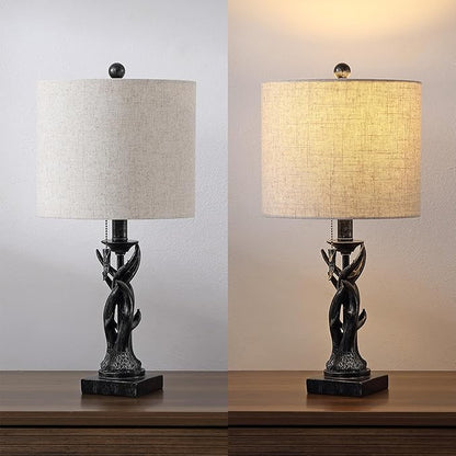JONATHAN Y 20.5" Antique Black Rustic Antler Table Lamp for Bedroom Farmhouse Decor, Mini Faux Antler Desk Lamp with Gray Linen Shade, Lodge Cabin Nightstand Lamp, LED Bulb (JYL1031B)