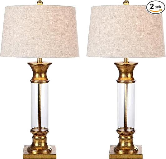 JONATHAN Y 32" Gold/Clear Glass Table Lamp Set of 2 for Living Room, Rustic Farmhouse Bedside Nightstand Lamps with Gray Linen Drum Shade, LED Bulbs Included (JYL4000B-SET2)