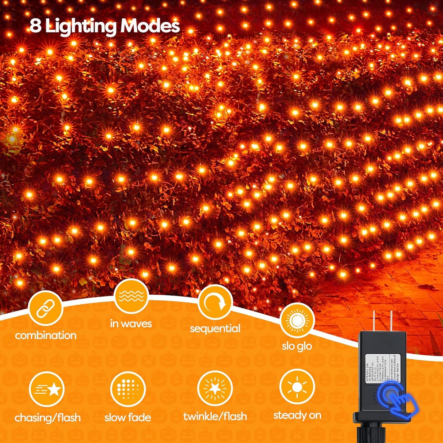 WBao Halloween Lights Outdoor 360LED 11.5ft x 6.9ft Halloween Net Lights with 8 Modes, Timer, Connectable, Waterproof & Dark Green Wire for Lawn, Bushes, Shrubs Outdoor Holiday Decorations, Orange