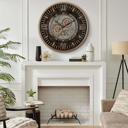 CLXEAST 24 Inch Large Moving Gear Wall Clock for Farmhouse Living Room Decor,Vintage Industrial Bronze Gold Metal Wall Clock for Home Office,House Warming Gifts New Home