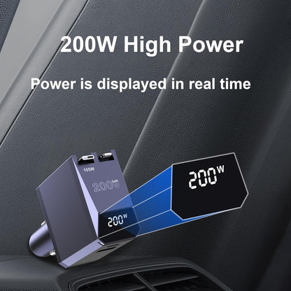 Aftertop 200W Retractable Car Charger, 3-in-1 Independent Fast Charging, 2.3ft 105W Retractable Cable, Power Display USB C Car Charger for MacBook Pro, iPhone 16 15, Galaxy S25 S24 Ultra etc