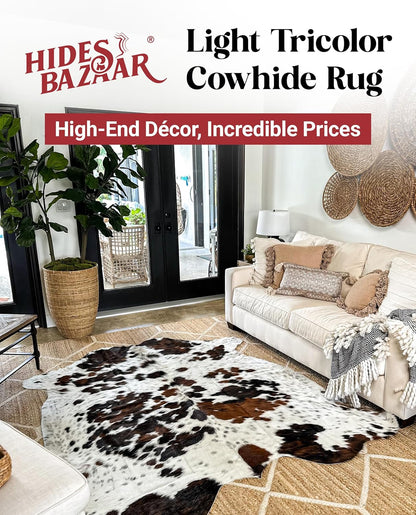 Natural Cowhide Rug for Home & Office Premium Light Tricolor Cowhide Rug with Mixed Brown, Black & White Patterns - Cow Hide Rugs Made with Tanned Leather - Cow Hide Rugs 5x7 ft