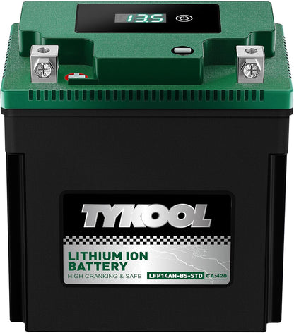 TYKOOL YTX14AH-BS-STD, LiFePO4 Lithium Motorcycle Battery,12.8V 7Ah,420CCA,5X Longer Life,Digital Readout, Powersports Battery,Fits for ATV, UTV, Scooter, Snow mobile,Polarity:[+ -]