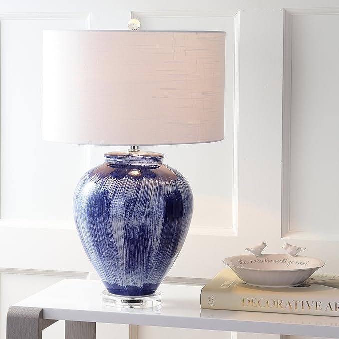 JONATHAN Y 26" Seaside Blue Ceramic LED Table Lamp, Coastal Glam Reactive Glaze Lamp with Crystal Base for Living Room Bedroom, White Linen Drum Shade, LED Bulb Included JYL5013A