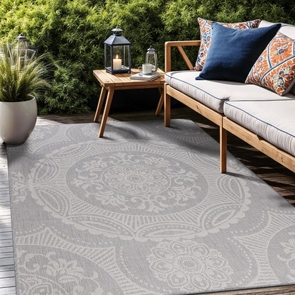 Medallion Outdoor Rug 10x14 Washable Outside Carpet for Indoor Patio Porch Waterproof Easy Cleaning Non Shedding Area Rugs Gray 10 x 14