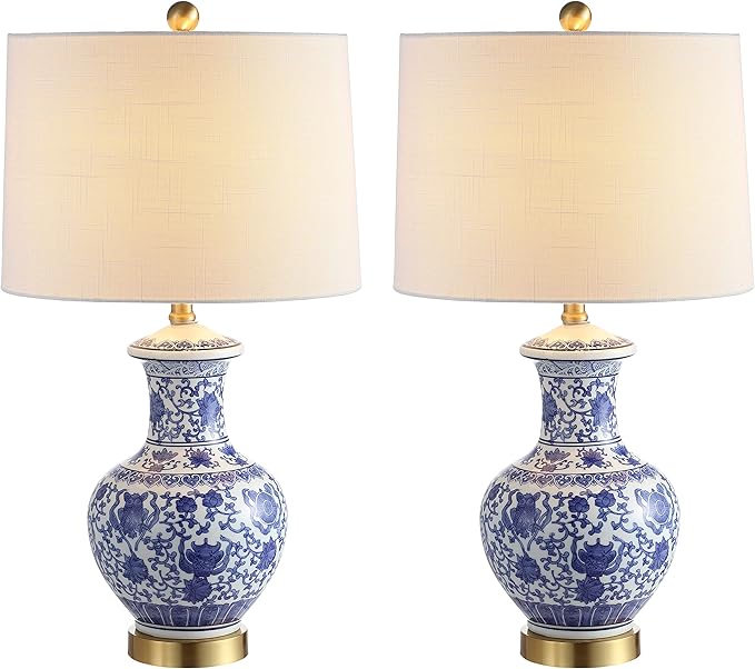 JONATHAN Y 25.25" Blue/White Ceramic Ginger Jar Table Lamp Set of 2, Traditional Brass Gold Base for Living Room Bedroom, White Linen Drum Shade, LED Bulbs Included JYL1072A-SET2