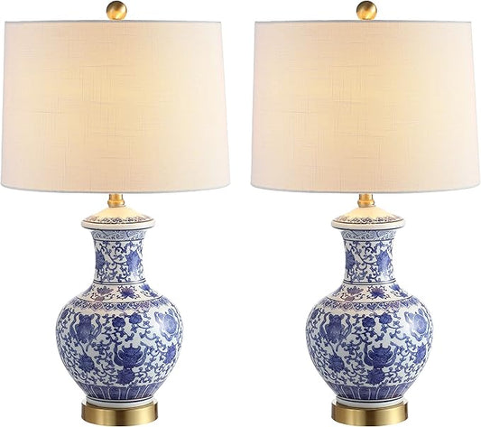 JONATHAN Y 25.25" Blue/White Ceramic Ginger Jar Table Lamp Set of 2, Traditional Brass Gold Base for Living Room Bedroom, White Linen Drum Shade, LED Bulbs Included JYL1072A-SET2