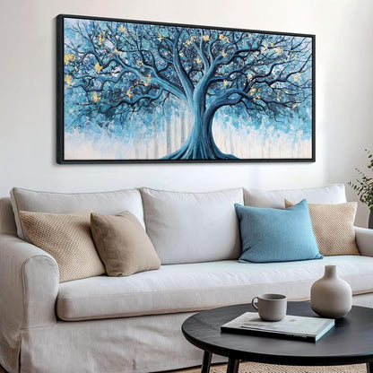Navy Blue Canvas Wall Art - Blue and Gold Nature Wall Decor, Tree of Life for Bedroom Wall Art, Large Pictures for Living Room, Office, or Bedroom, Framed Landscape Artwork 20×40IN