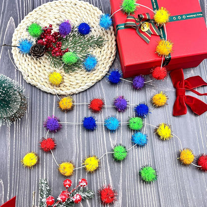 4pack Rainbow Glitter Pom Pom Garland Decorations, Christmas Felt Ball Garland for Mantle, Indoor Home Decor, Tree Ornaments, Kids Room and Party Hanging
