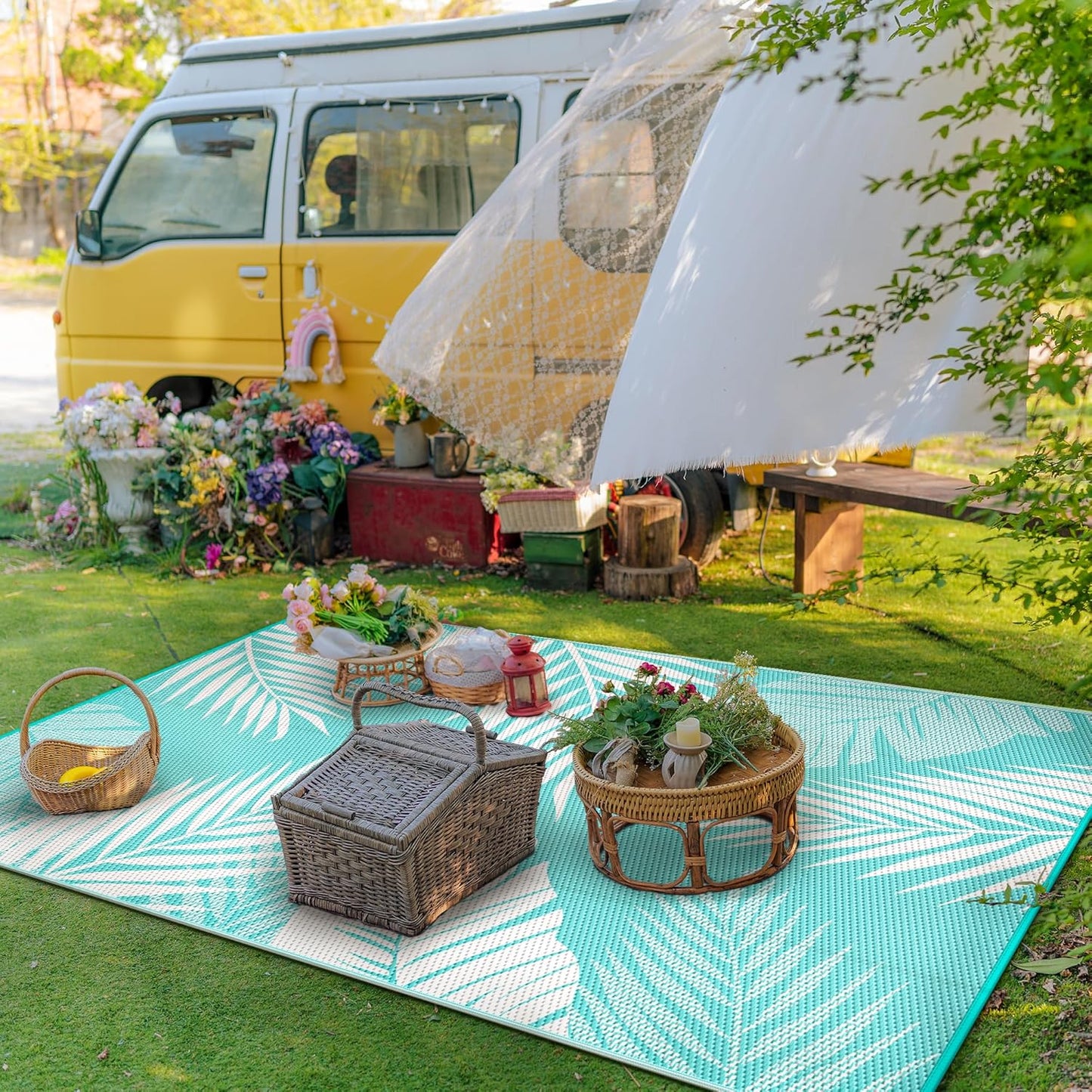 GENIMO Outdoor Rug 6' x 9' Waterproof for Patios Clearance, Reversible Outdoor Plastic Straw Camping Rug Carpet, Large Area Rugs Mats for RV, Camper, Deck, Balcony, Porch, Beach, Aqua Blue&White